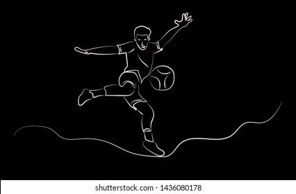 Line drawing, Soccer goalkeeper kicking off the ball isolation on black background.