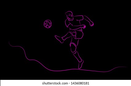 Line drawing, Soccer goalkeeper kicking off the ball isolation on black background.