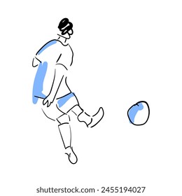 line drawing of soccer player, kicking the ball. line art drawing