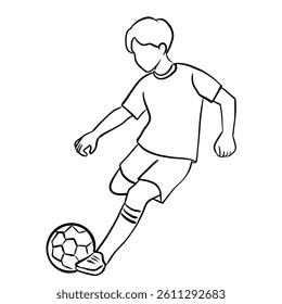 Line drawing of a soccer player kicking a soccer ball.Vector illustration isolated on white background.