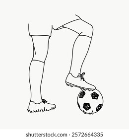 Line drawing of a soccer player with one foot on a ball. Simple sketch of legs, shorts, and cleats. Minimalist soccer art. Simple isolated black line art doodle vector. Sports concept.