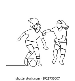 Line drawing of a soccer player with two young women dribbling a ball. Individual sports, football training concept. Templates for your designs. Vector illustration