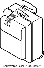 Line drawing of a soft roller bag with a pull-up handle and a checked baggage tag.