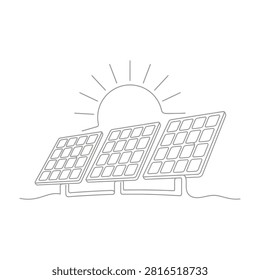 Line drawing of solar panels under a sunny sky, renewable energy concept