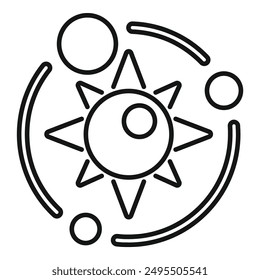 Line drawing of a solar system model showing planets orbiting around the sun