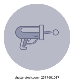 Line drawing of space ray gun centered on muted circular background. Science fiction themes