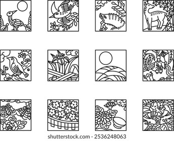 Line drawing square hanafuda icon set