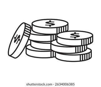 Line Drawing of Stacked US Dollar Coins Simple Black and White Finance Icon with Dollar Signs. Perfect for Banking Apps, Investment Presentations, and Economic Infographics.Vector-Style Graphic.