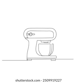 A line drawing of a stand mixer, featuring the main body, mixing bowl, and attachments. The design is simple and clean, ideal for product manuals or culinary content