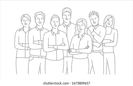 Line drawing of standing team with arms crossed. Vector illustration business concept.