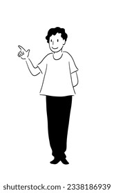 Line drawing of  standing youngman with the index finger up