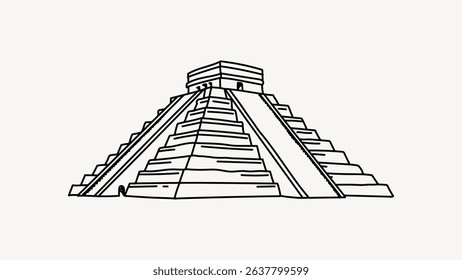 Line drawing of a stepped pyramid with a central staircase, resembling ancient Mesoamerican architecture. Simple, monochrome, and iconic pyramid design. Line art illustration vector.