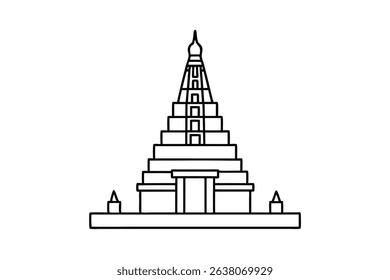 Line drawing of a stepped pyramid temple asian architecture