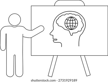 Figura de palo de dibujo de línea que apunta a un caballete con un dibujo de cabeza de perfil con un cerebro de globo dentro de la cabeza
