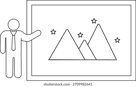 Dibujo de línea de una figura de palo que presenta una imagen de montañas y estrellas