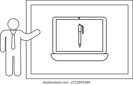 Figura de palo de dibujo de línea que presenta una computadora portátil con un bolígrafo en la pantalla enmarcada
