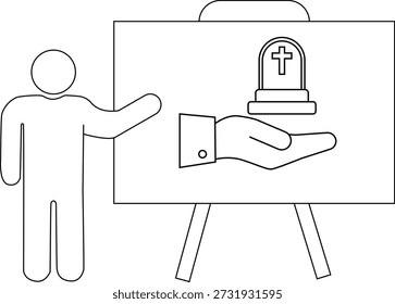 Strichzeichnung Strichfigur mit einer Whiteboard-Illustration einer Hand, die einen Grabstein mit einem Kreuz hält