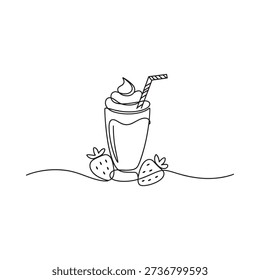 Line drawing of a strawberry milkshake with whipped cream and fruit