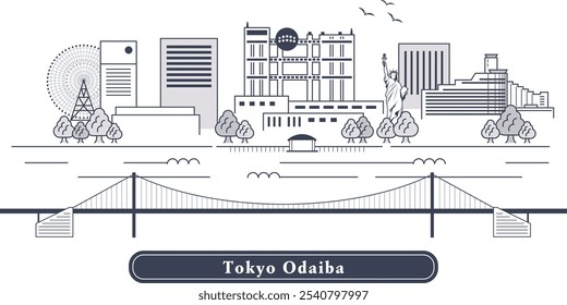 Desenho de linha da paisagem da rua de Odaiba, um ponto popular em Tóquio