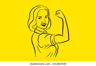 line drawing of strong woman showing strong arm on yellow background.vector illustration woman day.