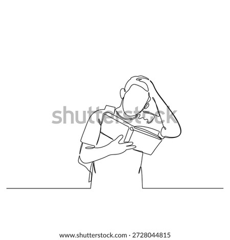 line drawing of a student feeling overwhelmed and stressed by academic demands, holding books with a hand on his head Ideal for educational materials and mental health awareness campaigns