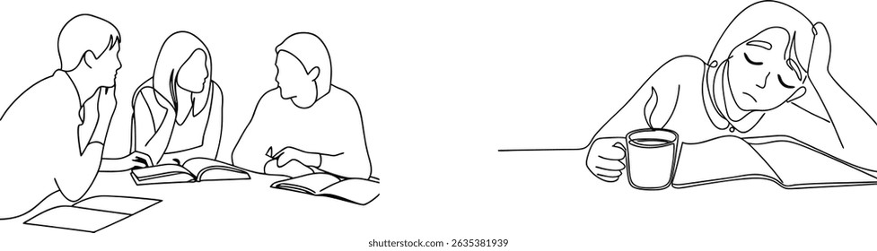 Line drawing of students studying and one exhausted person with a book and coffee mug.