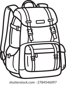 Line drawing of a sturdy backpack featuring several compartments, buckles, and adjustable straps for secure carrying.