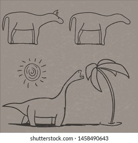 Line drawing in the style of the ancient world. On it are drawn two animals and a dinosaur, stretching to the palm leaves.