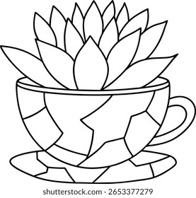 A line drawing of a succulent plant with layered leaves is depicted in a patterned cup with a handle, resting on a matching saucer.