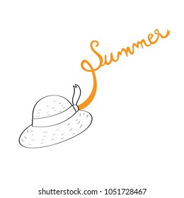Line drawing summer, Hat and ribbon summer word vector.