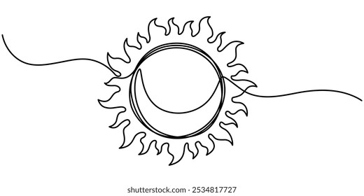 Line drawing of sun in continuous one single doodle hand drawn, Sunny Weather Continuous Line Editable Icon, Sunny Continuous Line Art Illustration, Continuous one line drawing sun art Summer sun