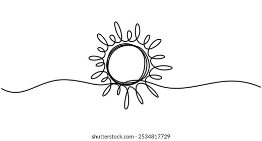 Line drawing of sun in continuous one single doodle hand drawn, Sunny Weather Continuous Line Editable Icon, Sunny Continuous Line Art Illustration, Continuous one line drawing sun art Summer sun