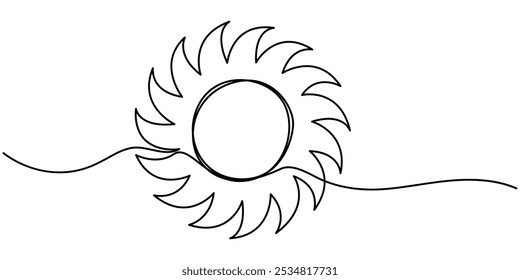 Line drawing of sun in continuous one single doodle hand drawn, Sunny Weather Continuous Line Editable Icon, Sunny Continuous Line Art Illustration, Continuous one line drawing sun art Summer sun