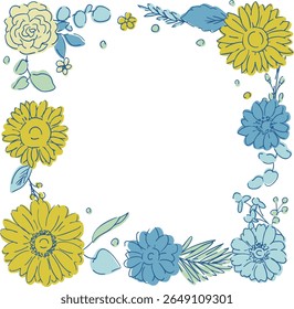 Line drawing sunflower frame. Summer sunflower background. Summer frame with sunflowers and plants.