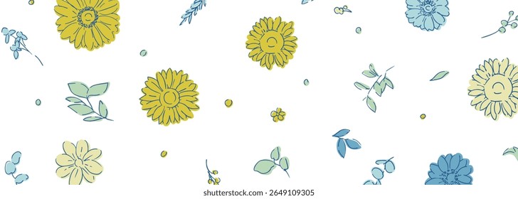 Line drawing sunflower frame. Summer sunflower background. Summer frame with sunflowers and plants.
