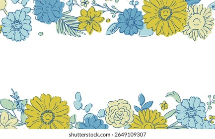 Marco de girasol de dibujo de línea. Fondo de girasol de verano. Marco de verano con girasoles y plantas.