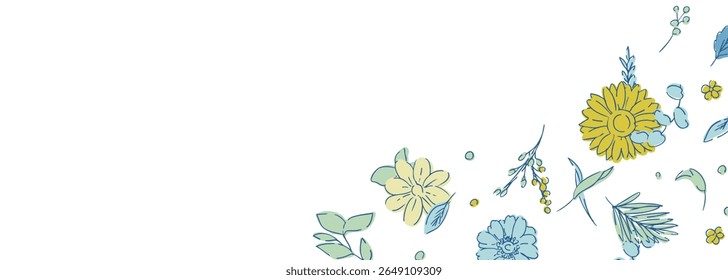 Line drawing sunflower frame. Summer sunflower background. Summer frame with sunflowers and plants.