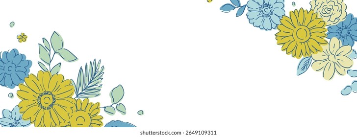Line drawing sunflower frame. Summer sunflower background. Summer frame with sunflowers and plants.