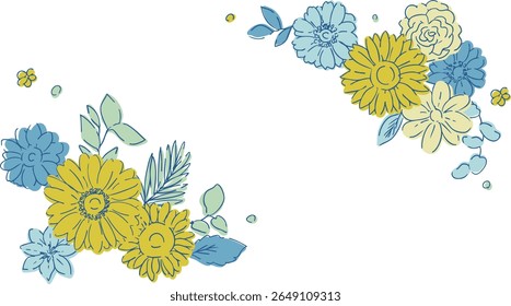 Line drawing sunflower frame. Summer sunflower background. Summer frame with sunflowers and plants.