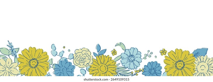 Line drawing sunflower frame. Summer sunflower background. Summer frame with sunflowers and plants.