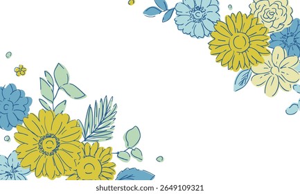Line drawing sunflower frame. Summer sunflower background. Summer frame with sunflowers and plants.