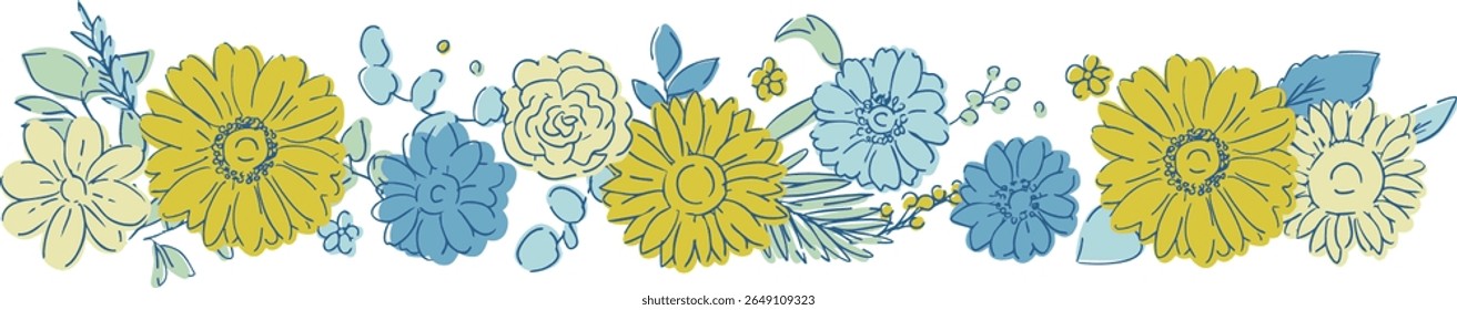Line drawing sunflower frame. Summer sunflower background. Summer frame with sunflowers and plants.
