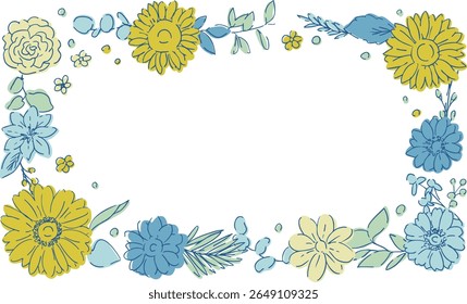 Line drawing sunflower frame. Summer sunflower background. Summer frame with sunflowers and plants.