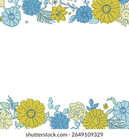 Line drawing sunflower frame. Summer sunflower background. Summer frame with sunflowers and plants.