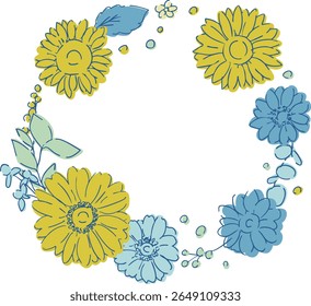 Line drawing sunflower frame. Summer sunflower background. Summer frame with sunflowers and plants.