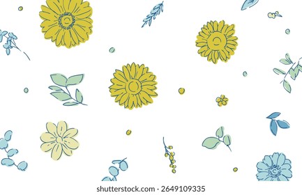 Line drawing sunflower frame. Summer sunflower background. Summer frame with sunflowers and plants.