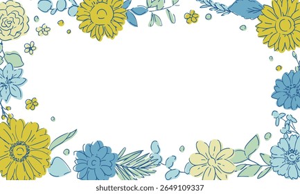Line drawing sunflower frame. Summer sunflower background. Summer frame with sunflowers and plants.