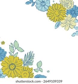 Line drawing sunflower frame. Summer sunflower background. Summer frame with sunflowers and plants.