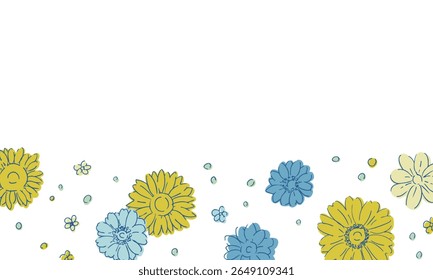Line drawing sunflower frame. Summer sunflower background. Summer frame with sunflowers and plants.