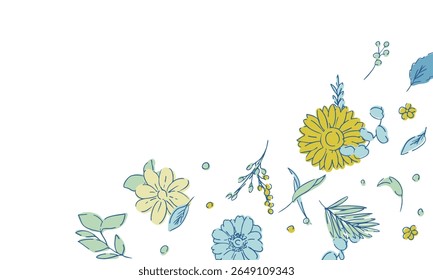 Line drawing sunflower frame. Summer sunflower background. Summer frame with sunflowers and plants.